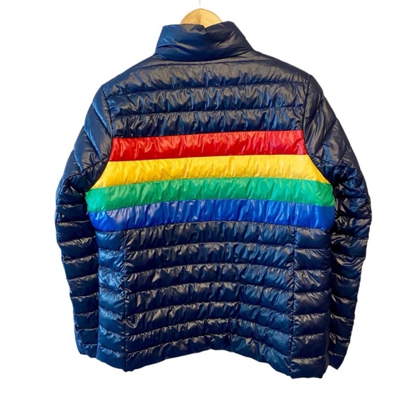Primary Rainbow Bright Stripe Lightweight Puffer Navy Jacket, Womens size Medium - Picture 10 of 11
